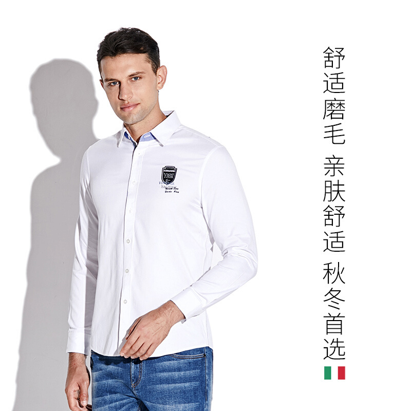 GA男装 GIOVANNI&ALESSANDRO 秋亲肤柔软舒适磨毛刺绣长袖衬衫