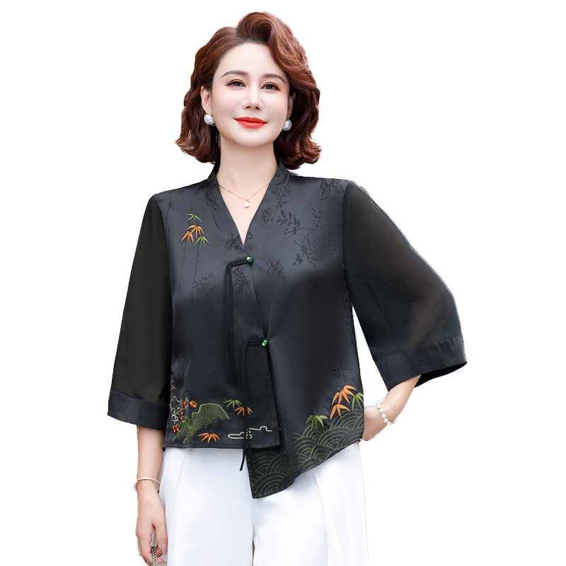 新款中年妈妈夏装新中式国风复古时尚小衫时尚洋气上衣衬衣
