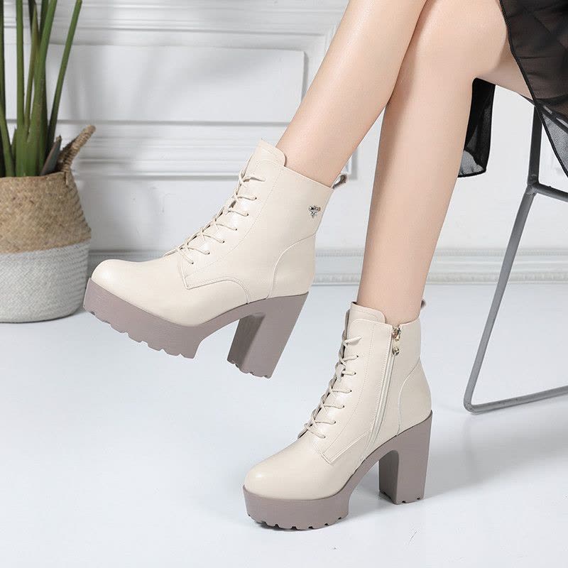 冬季新款马丁靴女粗跟厚底短靴高跟防水台不累脚棉靴增高靴子图片