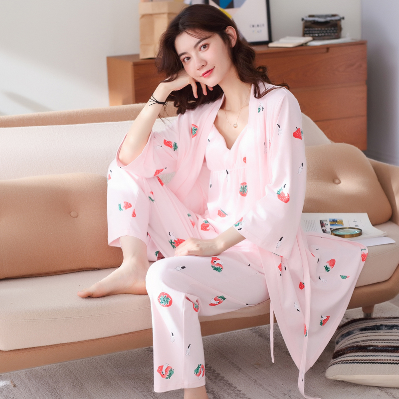 安之伴春秋睡衣棉质草莓开襟长袖女士家居服套装