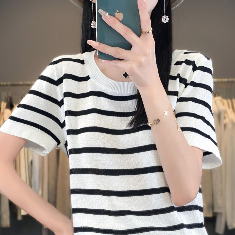 薄款针织衫圆领正肩短袖T恤女夏季冰丝法式小衫显瘦条纹上衣