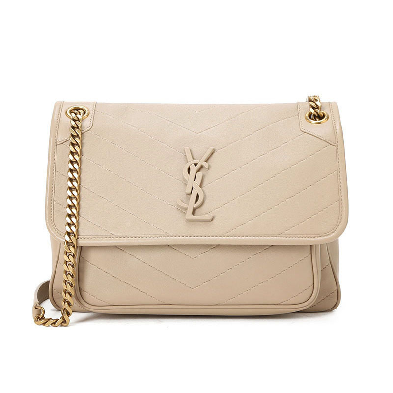 ysl圣罗兰niki女士单肩包口盖包中号字母logo褶皱皮633158金扣