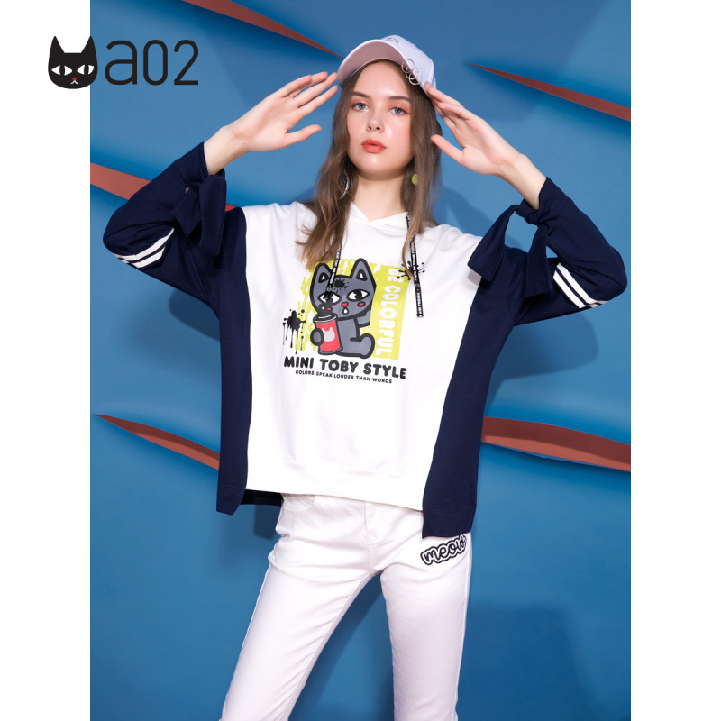 a02新款个性撞色拼接字母抽绳卡通印花绑带卫衣女DTU5AA111KT