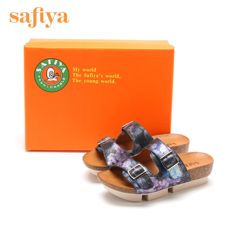 索菲娅Safiya春印花羊皮革露趾低跟一字型休闲单鞋女SF52116003_HGA51