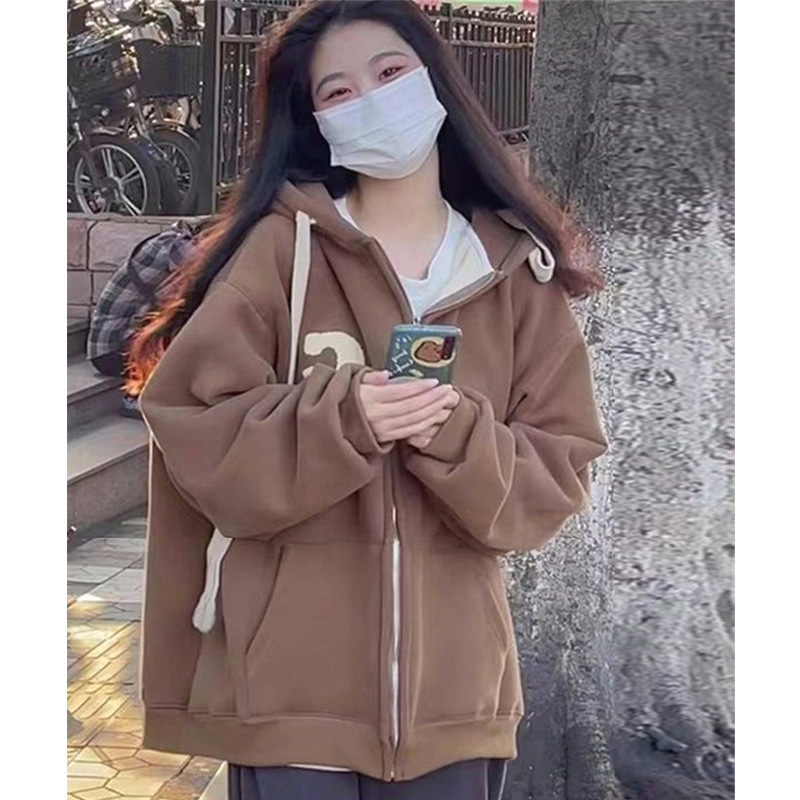 奶杏色卫衣女秋季新款宽松上衣拉链开衫连帽薄款外套女ins潮