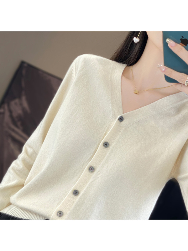 针织衫V领开衫女春秋新款毛衣外套安迪绒纯色短款外搭上衣