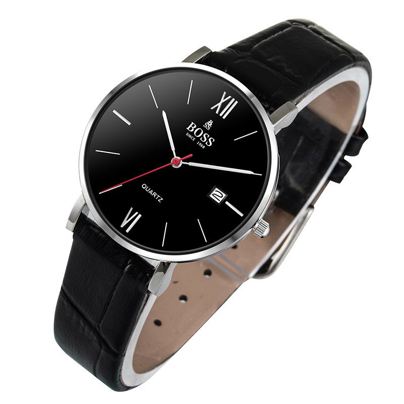 boss手表城市系列时尚潮流黑面三针日历情侣表皮带防水情侣石英腕表
