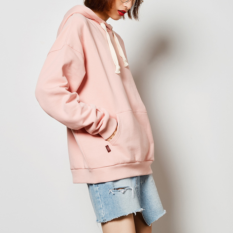 唐狮2018新款卫衣女长袖韩版宽松粉色卫衣女连帽加绒原宿风卫衣女
