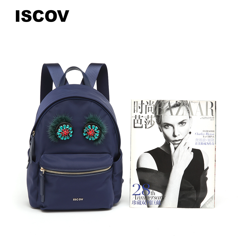 ISCOV时尚双肩包女春夏尼龙拼皮亮钻绒球中号背包