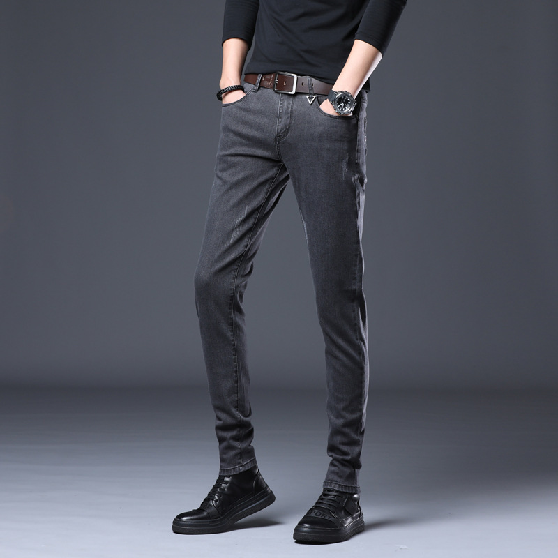 ceba韩版男士灰色弹力牛仔裤男秋冬厚款男式简约百搭紧身小脚长