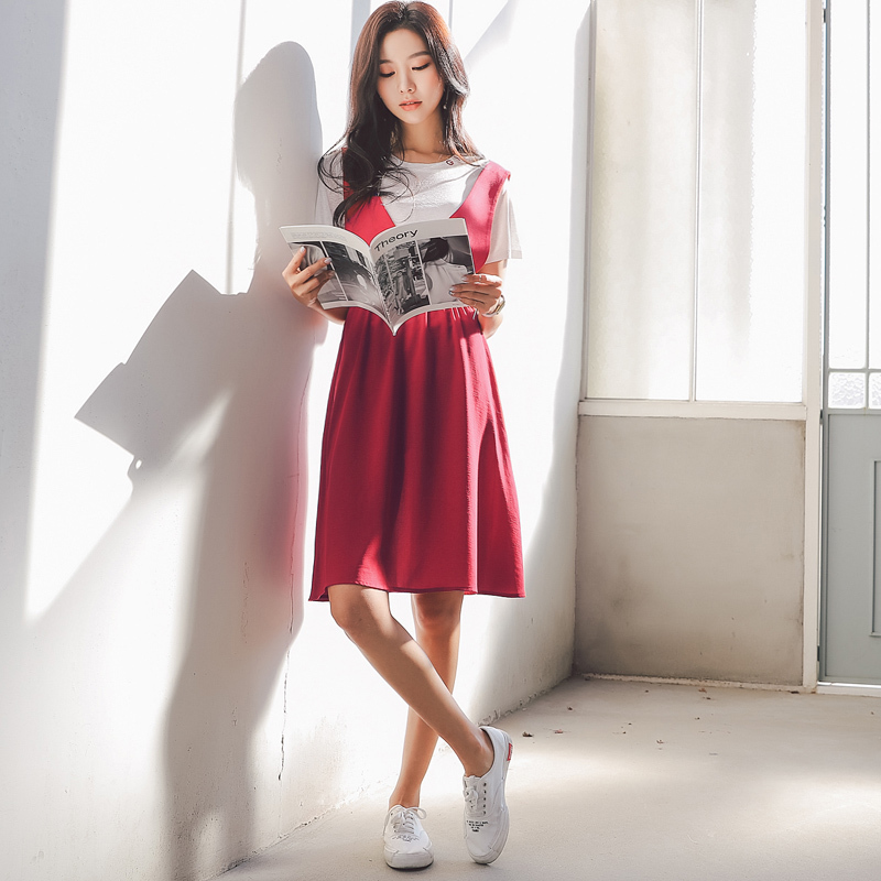 韩都衣舍2018韩版女装夏装新款显瘦刺绣两件套短袖连衣裙LU7612荃