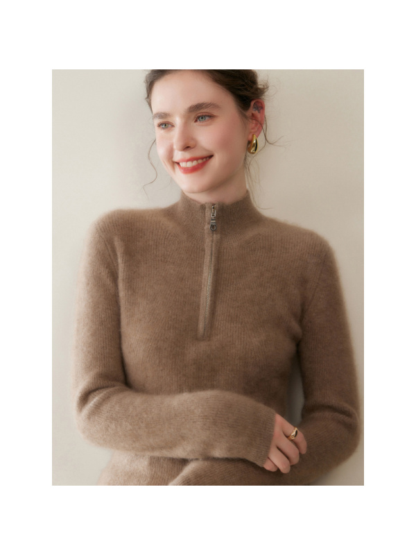 秋冬新款半开领拉链羊绒衫女宽松显瘦加厚纯色保暖套头羊毛衫