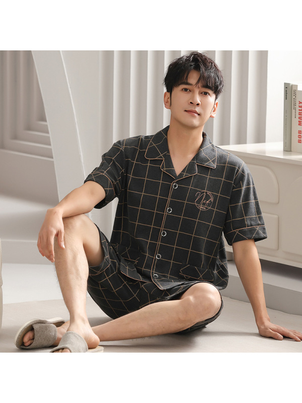 男士睡衣夏季纯棉短袖开衫青年家居服夏天薄款短裤可外穿大码套装