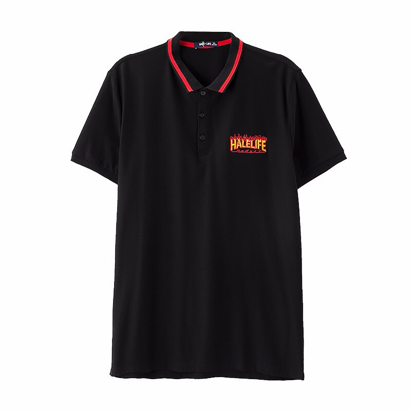 潮流前线夏季男士时尚条纹衣领字母刺绣青少年短袖T恤POLO衫男 黑色