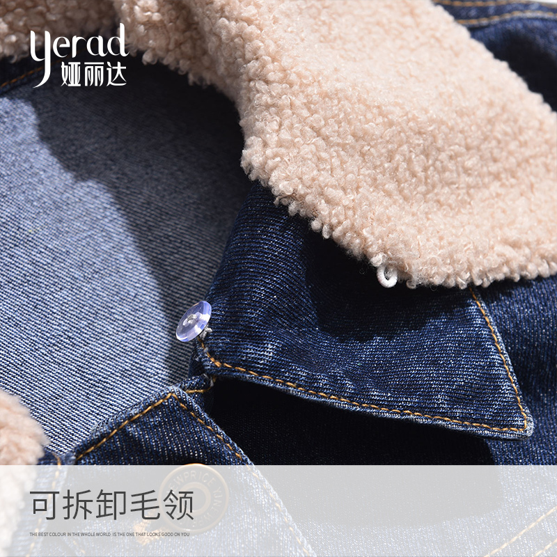 娅丽达女装牛仔外套女短款2019秋冬新款纯色翻领加绒休闲夹克上衣I8501