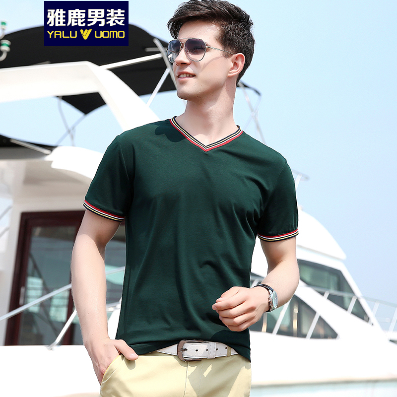 雅鹿男装2019春夏男装 百搭V领纯色T恤短袖打底衫男 18306