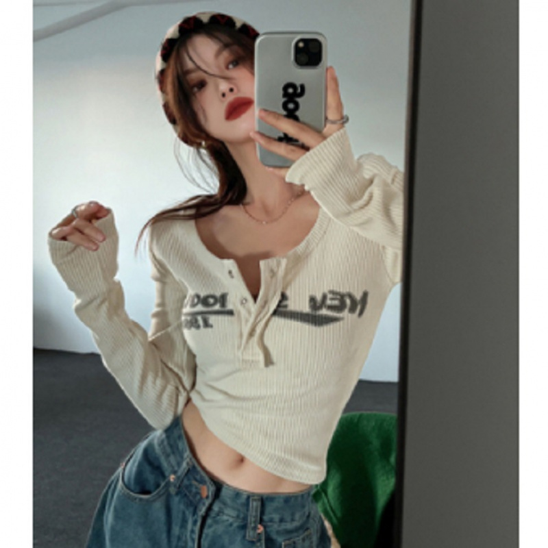 长袖T恤女秋季显瘦纯欲风半开领印花打底衫修身显瘦辣妹短款上衣