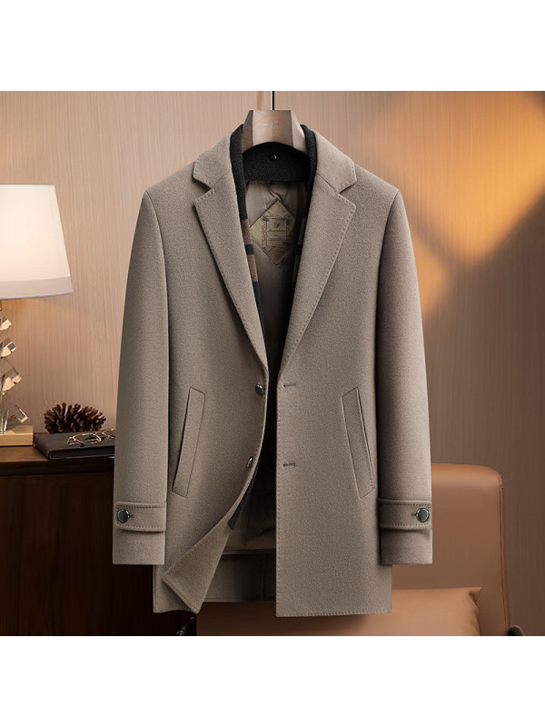 秋冬围巾款鹅绒内胆加厚中长羊毛双面呢大衣风衣男士商务羊毛外套