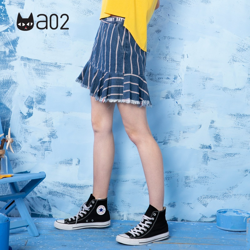 a02韩范A.PLUS减龄撞色条纹荷叶边chic拉链A牛仔短裙D9T2D0091SK