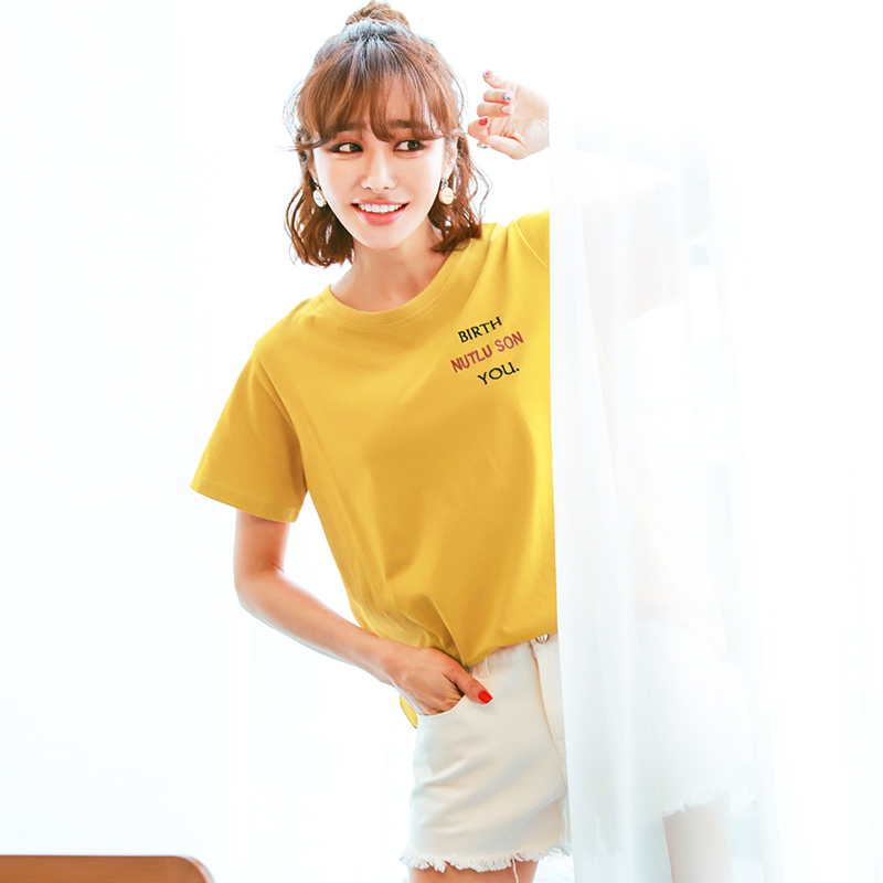 韩都衣舍2018夏装新款女装韩版宽松字母刺绣学生短袖T恤TK1622婏