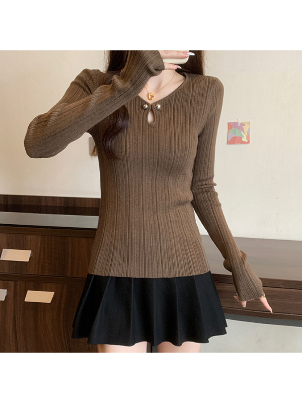 秋季新款设计感V领长袖打底衫内搭针织衫休闲ins韩版通勤个性上衣