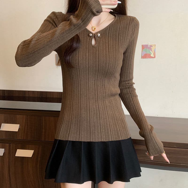 秋季新款设计感V领长袖打底衫内搭针织衫休闲ins韩版通勤个性上衣图片