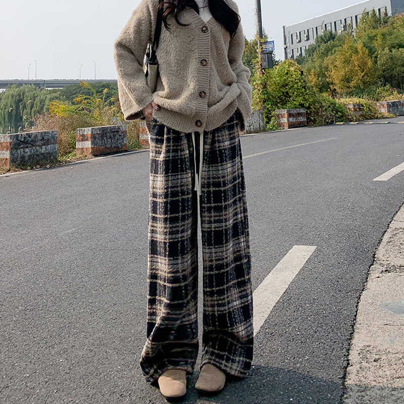 复古毛呢格子裤子女装秋冬加绒加厚新款设计感高腰垂感休闲阔腿裤