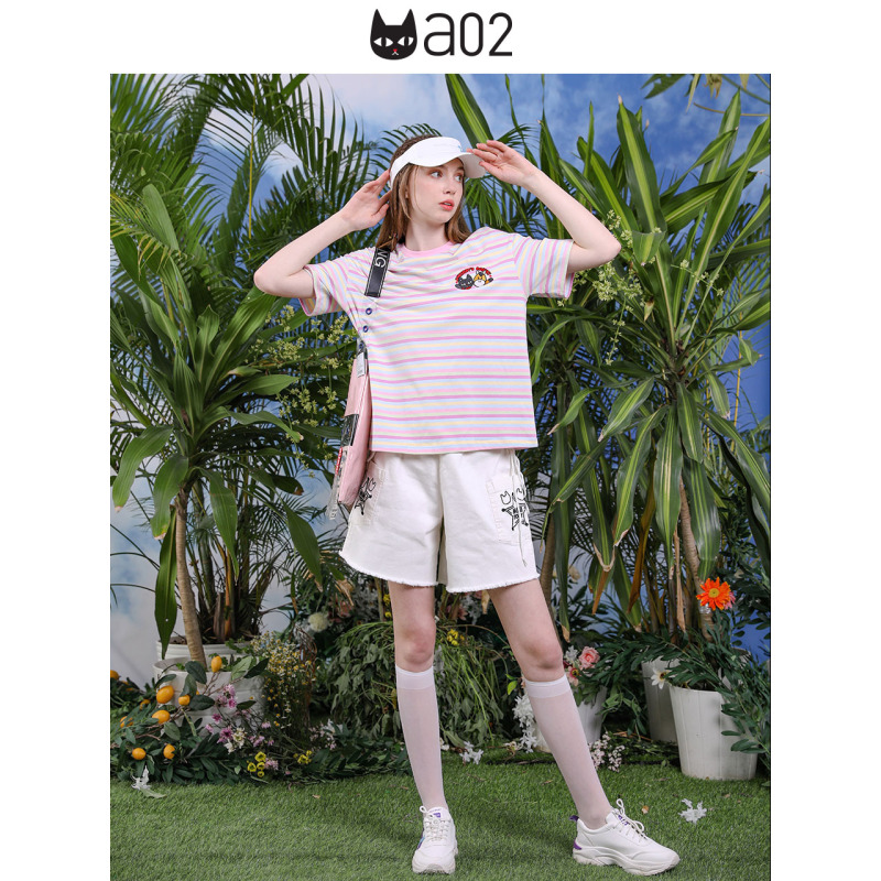 a02新款2020活力撞色条纹拼接印花宽松短袖T恤女夏DTV2D0871KT
