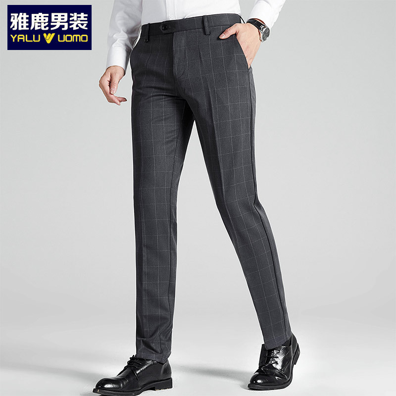 雅鹿男装新品商务休闲弹力舒适面料格子西裤男士休闲裤1007KA65502