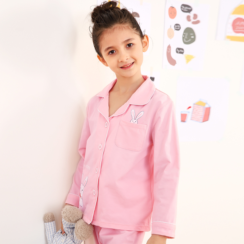 红豆居家(Hodohome)春夏女童棉氨清新可爱长袖睡衣套装儿童家居服套装