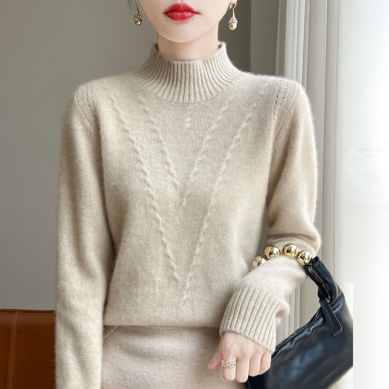 秋冬半高领厚款羊毛衫女针织打底衫长袖套头毛衣提花宽松显瘦上衣图片