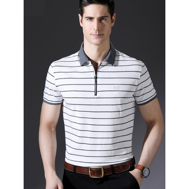 恒源祥男士短袖t恤夏季中青年拉链翻领棉条纹polo衫休闲半袖衣服