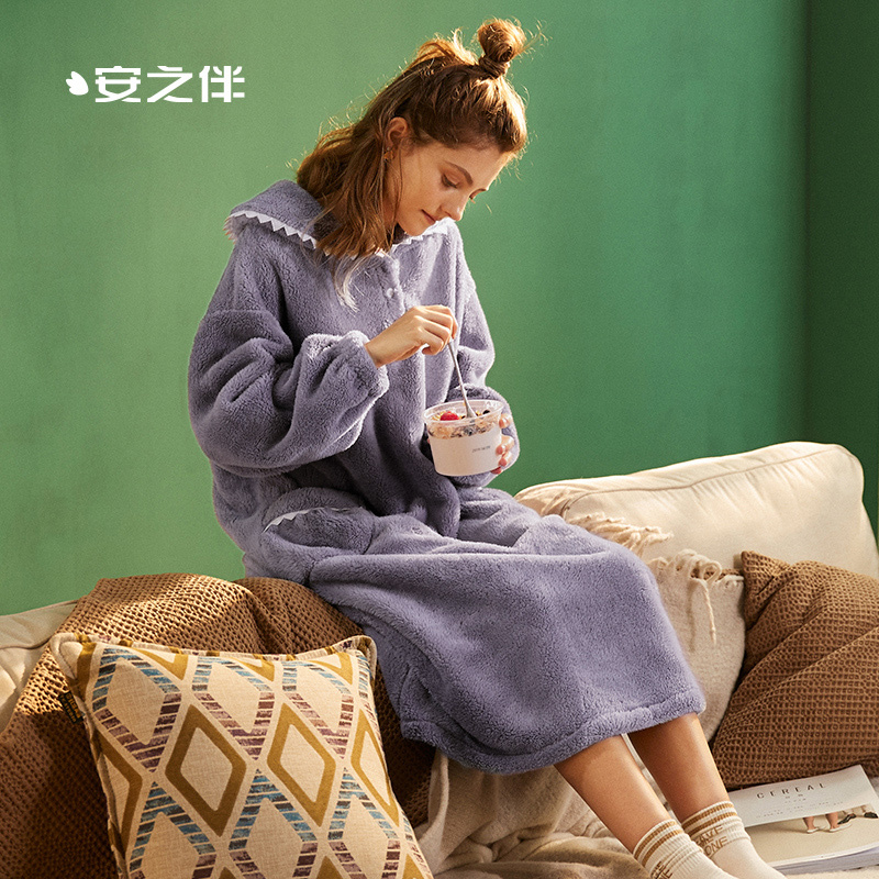 安之伴睡裙女秋冬简约宽松加厚长毛珊瑚绒睡衣长款休闲家居服裙