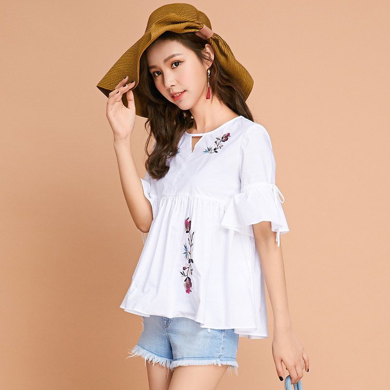 拉夏贝尔7M莫丽菲尔衬衫女学生韩版宽松夏季新款印花荷叶袖显瘦刺绣衬衫女