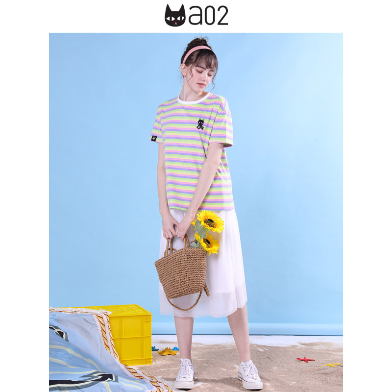 a02新款2020减龄小黑刺绣撞色条纹宽松T恤女潮DTV2C0241KT