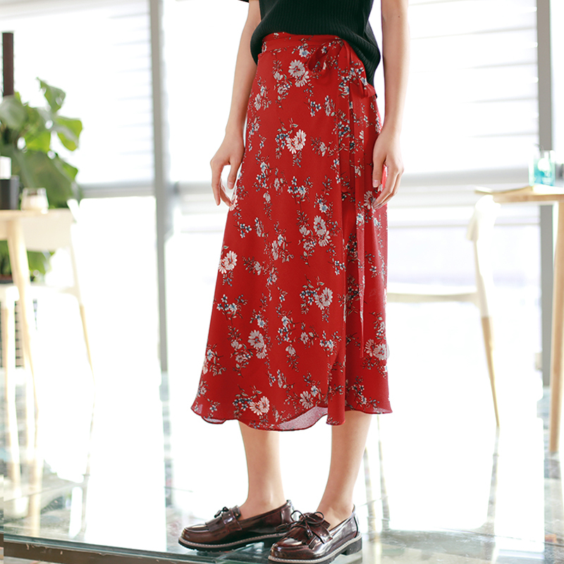 素缕夏装2018新款女碎花雪纺薄款大摆裙子系带半身裙HS8241媫