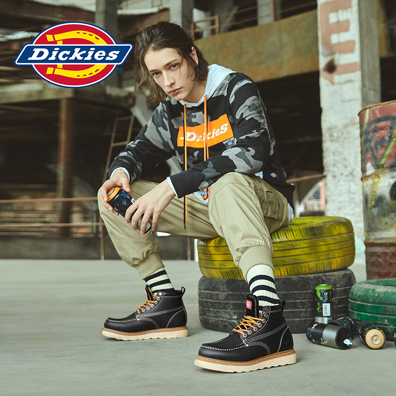 Dickies工装鞋男英伦真皮高帮工装鞋短靴厚底194M50LXS34