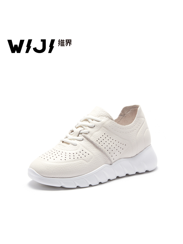 WIJI春夏新品透气运动休闲单鞋平底百搭圆头系带松糕厚底小白鞋女