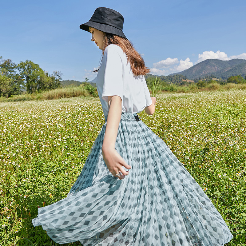 菱形格纹薄纱半身裙高腰纱裙半身裙