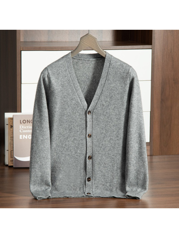 男士七针双股加厚山羊绒衫冬 V领开衫单排扣针织羊毛针织开衫外套