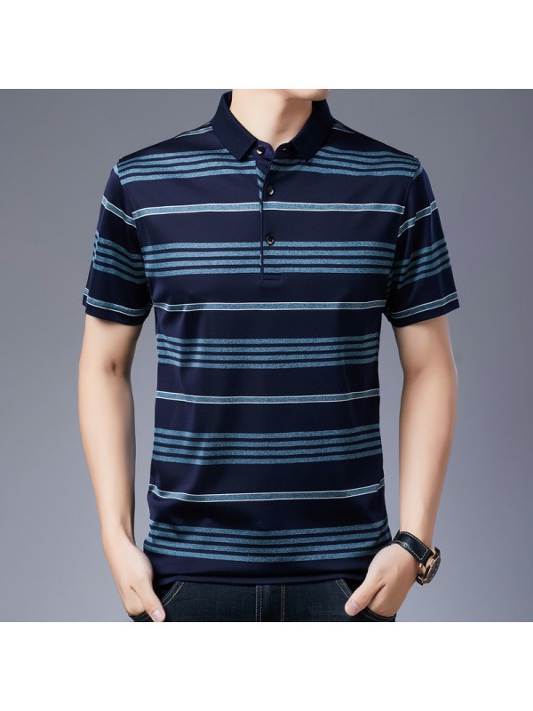 恒源祥100%桑蚕丝T恤男短袖夏季新款翻领撞色条纹中年爸爸Polo衫