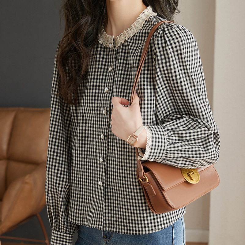 法式圆领蕾丝格子衬衫女春季新款时尚百搭气质衬衣b0568