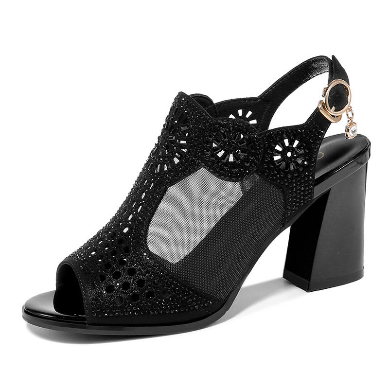 休闲凉鞋】春夏鱼嘴网纱镂空女鞋潮流透气高跟搭扣女士凉鞋1872