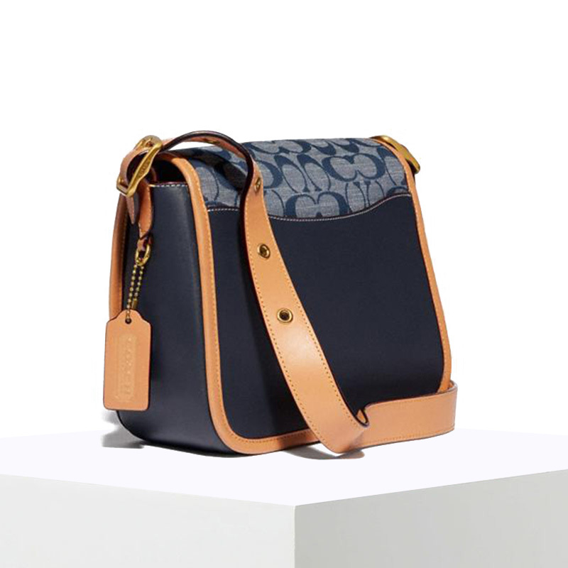 coach蔻驰chambrayrambler口盖包单肩斜挎包椭圆扣牛仔织物牛皮革