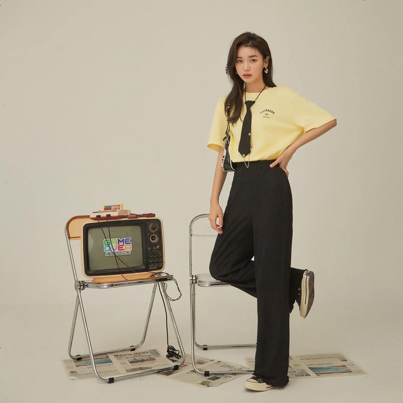 OtherMix褶皱阔腿休闲裤2021年夏季新款高腰拖地薄款女式长裤子潮