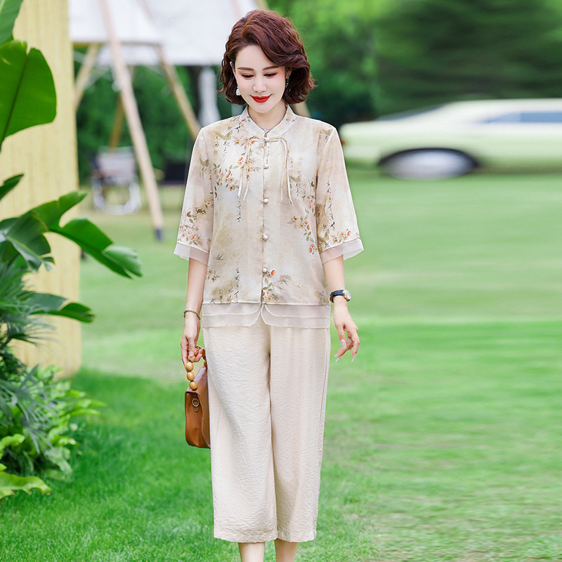 年妈妈夏套装两件套中老年妈妈装40-60岁大码中年女装夏季薄