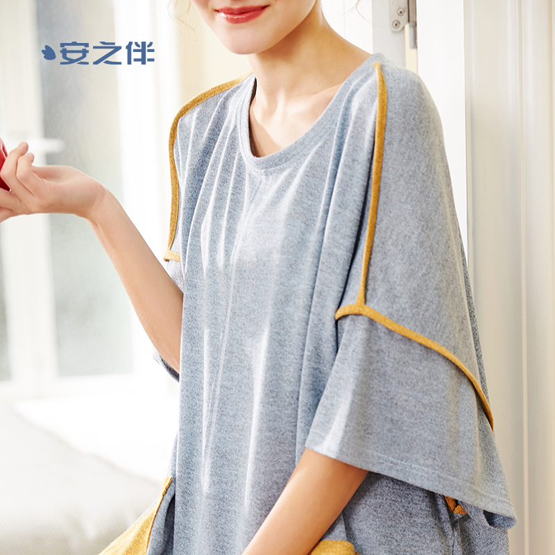 安之伴睡衣女夏薄款简约纯色短袖宽松中长睡裙韩版休闲家居服大码