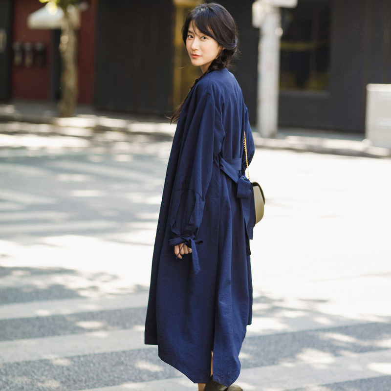 茵曼秋装新款立领收腰宽松中长款风衣外套女