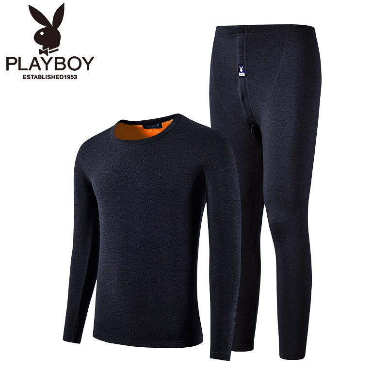 [苏宁自营]PLAYBOY花花公子情侣保暖内衣套装加绒加厚男女士棉圆领