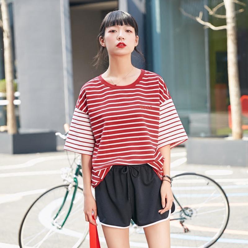 森宿Y条纹短袖t夏装2018新款学院风ins超火刺绣撞色圆领T恤女J